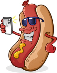 Hot dog with attitude cartoon character taking a selfie and posting his status updates to his thousands of social media followers and looking super cool while doing it vector clip art - 688323659