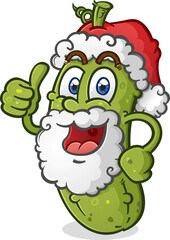 Christmas Pickle cartoon character wearing a santa hat with a big white snowy beard giving an enthusiastic thumbs up full of holiday cheer vector clip art