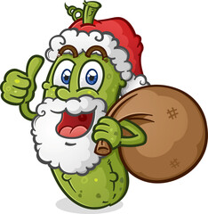 Christmas pickle santa with a big white snowy beard holding a big sack of toys and presents for all the good girls and boys and giving an enthusiastic thumbs up for the holidays