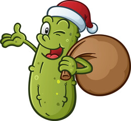 Christmas Santa Pickle cartoon smiling, winking and wearing a red and white santa hat and carrying a sack full of toys and goodies