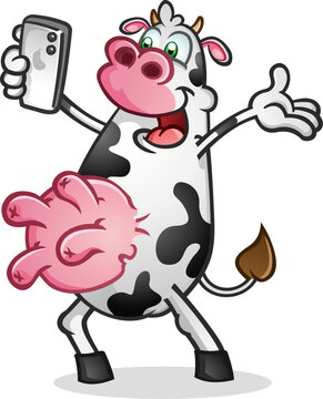 Happy cow cartoon taking a selfie self portrait for social media to show off her big full udders and black and white spots and looking cool for her followers vector clip art