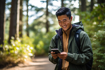 Smiling Young Man Using Smartphone on Sunlit Forest Trail

