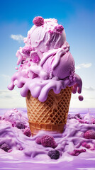 Various types of ice cream in cones that include chocolate, vanilla, and strawberry. On the sky background.