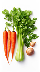 Fresh carrot with green leaves, tomato, onion and parsley on white background.