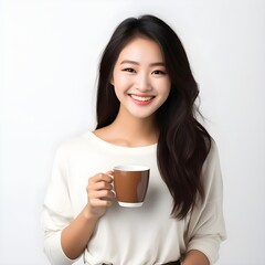 Happy young energetic asian woman smiling drinking holding cup mug of coffee standing confident against, isolated on white wall 
