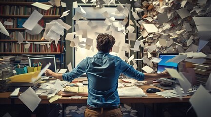 Stressed worker with overflowing paperwork - obrazy, fototapety, plakaty