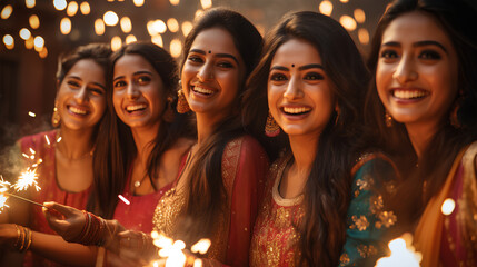 Fototapeta premium makar sankranti, diwali, lohri beautiful and happy dancing indian woman in punjabi or saree traditional dress