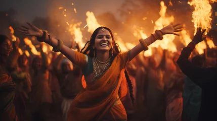 Fotobehang makar sankranti, diwali, lohri  indian traditional festival background, happy smiling indian woman in punjab traditional dress © rafliand