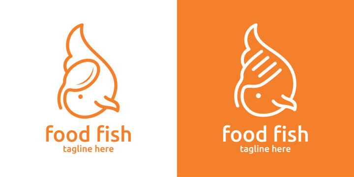 logo design combination of fish shape with fork spoon, minimalist lines.