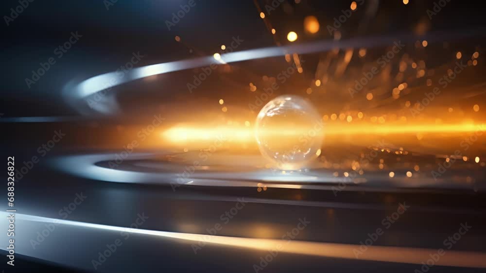 Poster closeup of a beta particle, with an ion trail behind it, moving towards a detector after being emitt