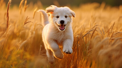puppy running in field - obrazy, fototapety, plakaty