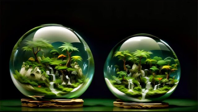Miniature terrariums encapsulated within two glass spheres, each representing a tiny ecosystem composed of lush vegetation, waterfalls, rocks, and animals.
