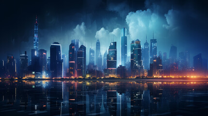 Fototapeta na wymiar Illuminated cityscape with futuristic city at sunset