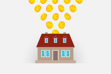 Fototapeta premium House icon and coins with percent signs, housing expenses or profit