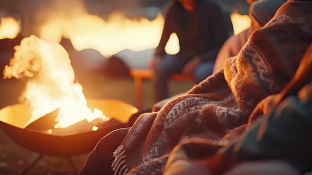 Closeup of a cozy blanket dd over someones shoulders, keeping them warm as they sit by the bonfire and watch the moonlit lake.