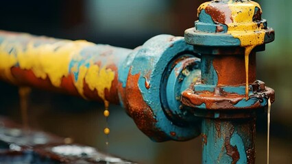 Closeup of a corroded valve handle, with peeling layers of paint and visible pitting from years of exposure to harsh chemicals. - Powered by Adobe