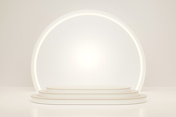 3D rendering light beige product display stand with round glowing white background. Minimal product presentation scene.