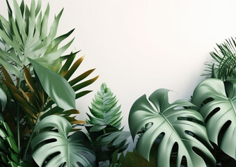 Fototapeta premium Interior plants — Monstera leaves and tropical foliage, with a botanical theme, sunlight flowing through leaves, isolated on a white background — HD image, perfect for graphic design projects and work