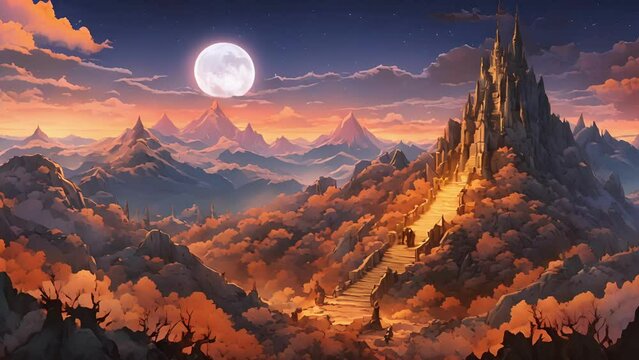 jagged mountain peak home Necromancers Tower, spire reaching towards starless night like twisted finger beckoning dead. moon rises, mountainside comes alive with sound 2d animation