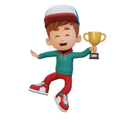 3D kid character celebrating win holding a trophy
