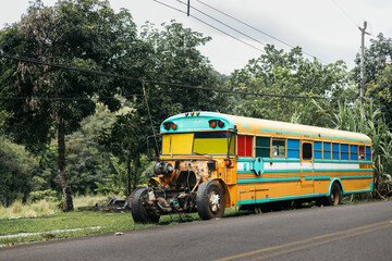 Abandoned school bus in the countryside