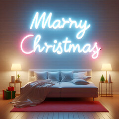 Bedroom interior with neon lights with Merry Christmas written on them.
Generative AI