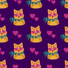 Cat in love with eyes in the shape of hearts seamless vector pattern. Cute kitten in a striped green scarf. The pet feels sympathy. Funny bright animal for Valentines Day. Flat cartoon dark background