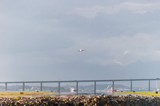 plane approaching the runway at Santos Dumont airport in Rio de Janeiro.