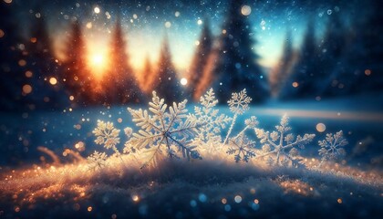 Enchanted Winter Twilight: Frosty Snowflakes and Golden Forest Light


