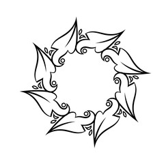 Baroque swirls floral ornamental circular frame element for related graphic design purpose.