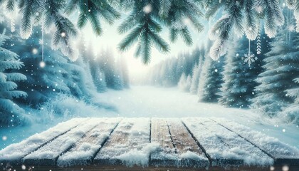 Winter Wonderland with Snow-Covered Pine Trees and Wooden Surface

