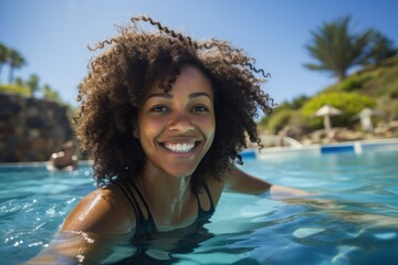 Joyful Summer Day: Woman Smiling in the Sunlit Pool
