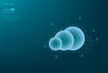 Vector low poly image of a technology cloud, cloud storage. Technology cloud made of grid and dots. Technological cloud, communications, cloud storage.