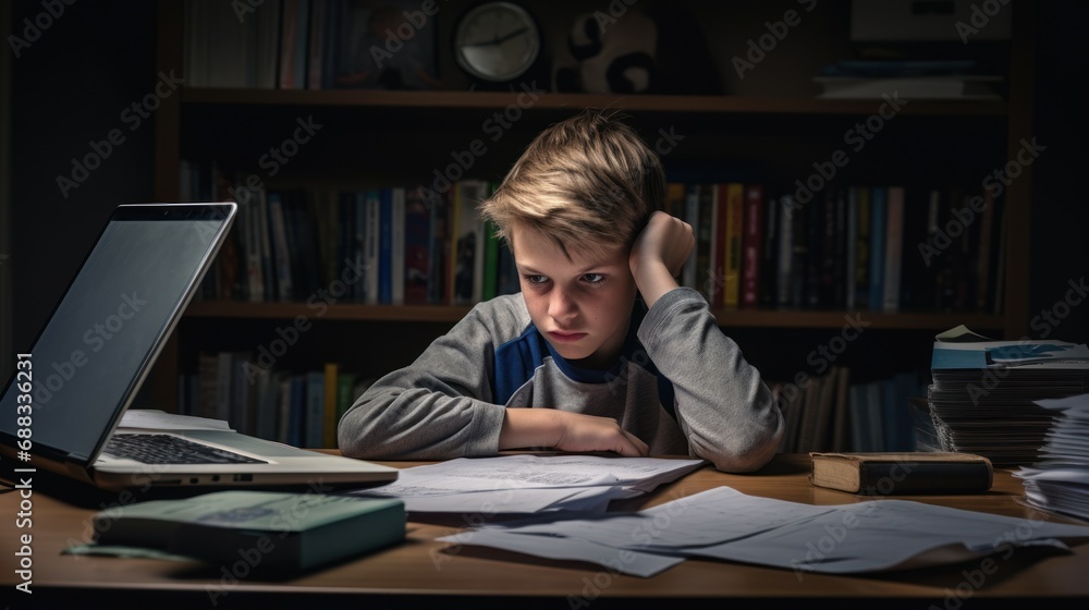 Wall mural adolescent boy is seen frustrated or overwhelmed while studying at a desk cluttered with papers and a laptop. The bookshelf in the background and the focused light create a studious atmosphere, 