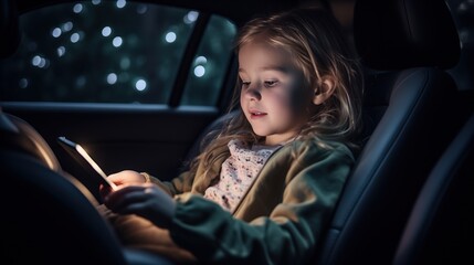 little girl is illuminated by soft glow of a tablet screen sitting in the backseat of a car. The bokeh effect from the car's window and the child's focused expression create a peaceful yet intriguing