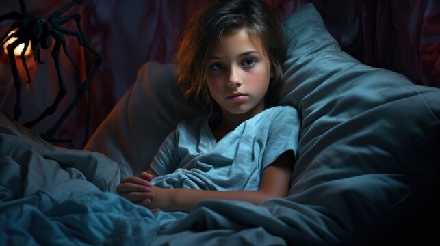 young girl lying in bed with a frightened expression as a large, ominous spider looms overhead. The dramatic lighting emphasizes her fear, casting shadows and creating a suspenseful atmosphere
