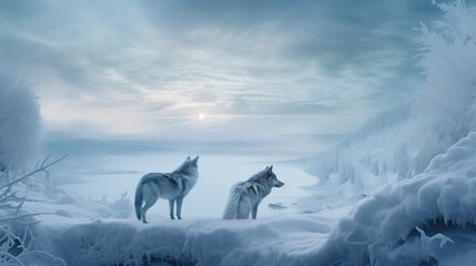 A pair of wolves stands in a serene winter landscape, gazing across a fog-covered river and frosty trees. The scene, bathed in soft light from a muted sun, speaks of the wild's silent beauty