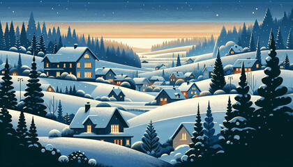 Winter Dawn in a Snowy Countryside Village Illustration

