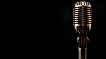 Vintage microphone on black background with copy space for text. Retro style  mic isolated on black background