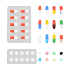 Multicolored medical capsules and round pills collection vector illustration