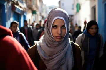 Serious young muslim middle eastern woman wearing a religious headscarf walking in a Middle Eastern city looking at the camera