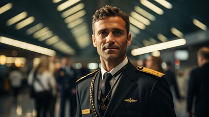 close-up of a pilot in uniform at an airport conveys confidence and trustworthiness, with a slightly blurred background of the bustling airport terminal, pilot's face and insignia human connection - obrazy, fototapety, plakaty