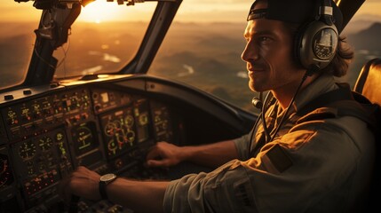 golden hues of sunset from the cockpit, highlights a pilot at the controls, focused on the horizon. composed demeanor and the complexity of the cockpit's instruments underscore the skill in aviation - obrazy, fototapety, plakaty