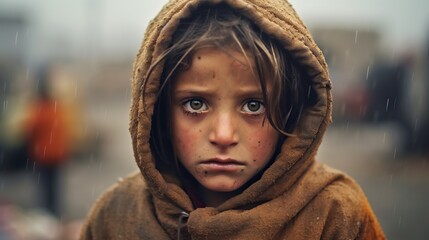 Serious Child posing in a third world country public dump looking at the camera - obrazy, fototapety, plakaty