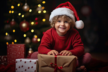 Fototapeta na wymiar a smiling happy kid hold Chrismast present