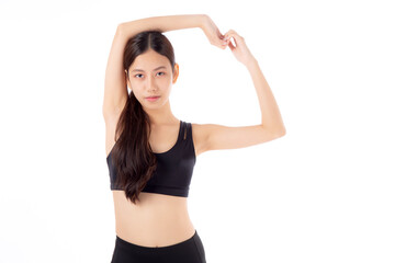 Fototapeta premium Portrait beautiful young asian woman stretching hands or arms for exercise yoga and relax isolated on white background, female workout training for muscle strong, sport and health care concept.