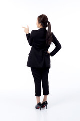 portrait young asian business woman pointing and presenting isolated white background, advertising and marketing, executive and manager, businesswoman showing something with expression, back view.