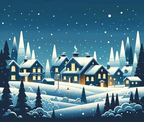 Charming Snowy Village at Night Illustration

