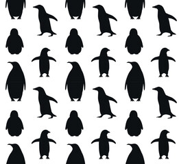 Vector seamless pattern of hand drawn flat penguin silhouette isolated on white background