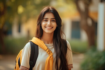 Beautiful Indian student in front of the campus